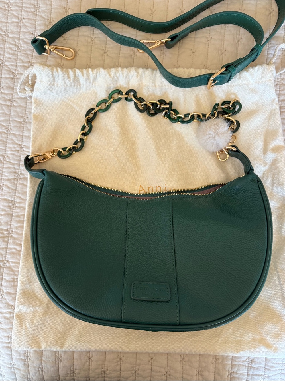 Green Pebbled Leather Hobo Bag with Chain Strap